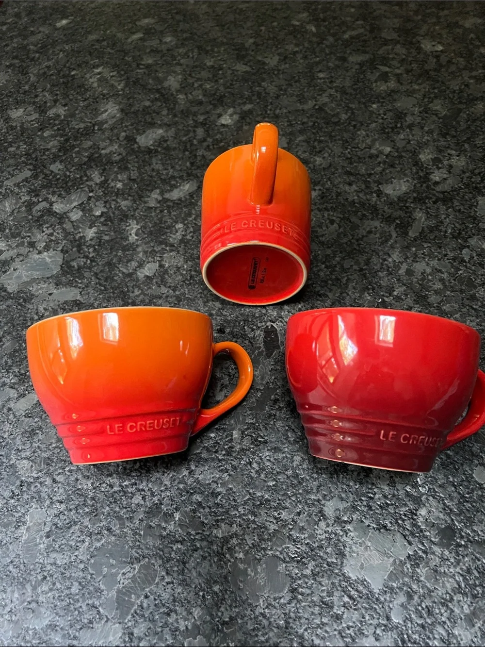 Set of 3 Le Creuset Coffee 14oz and 12oz Tea Cups Flame and Cherry